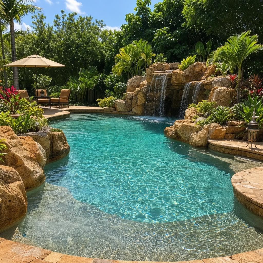 Lagoon-style pool with rock waterfall