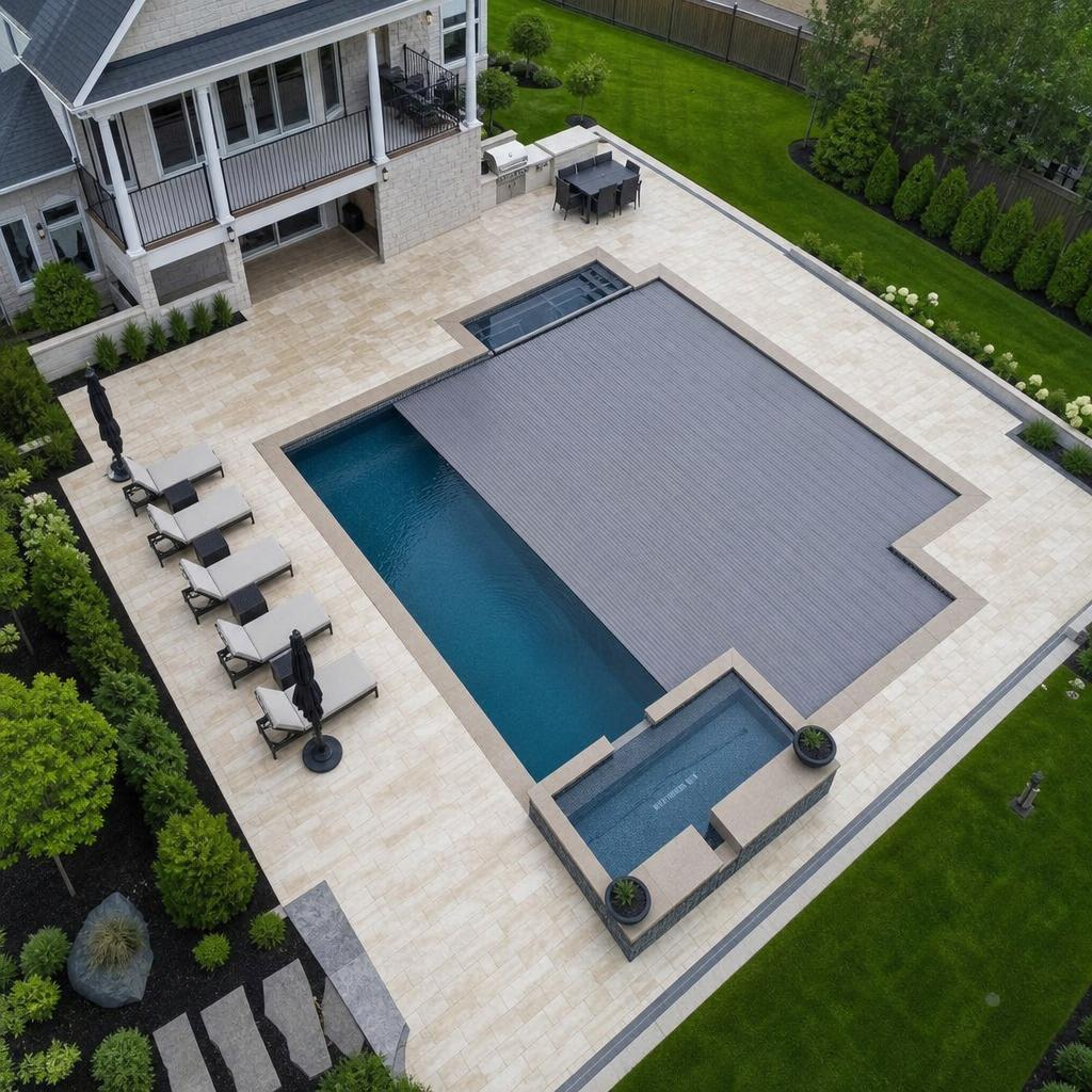 Aerial view of geometric pool and spa
