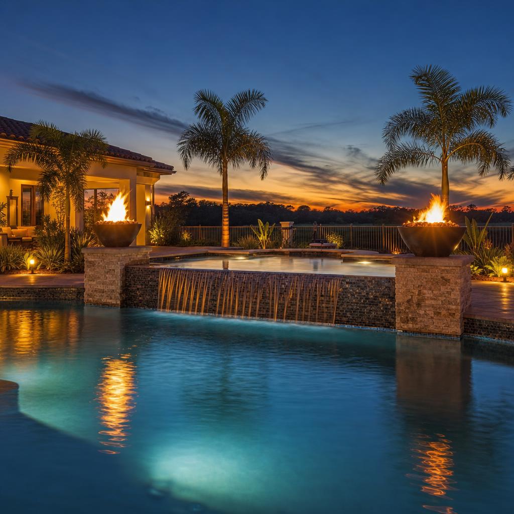 Pool and raised spa with fire bowls at dusk