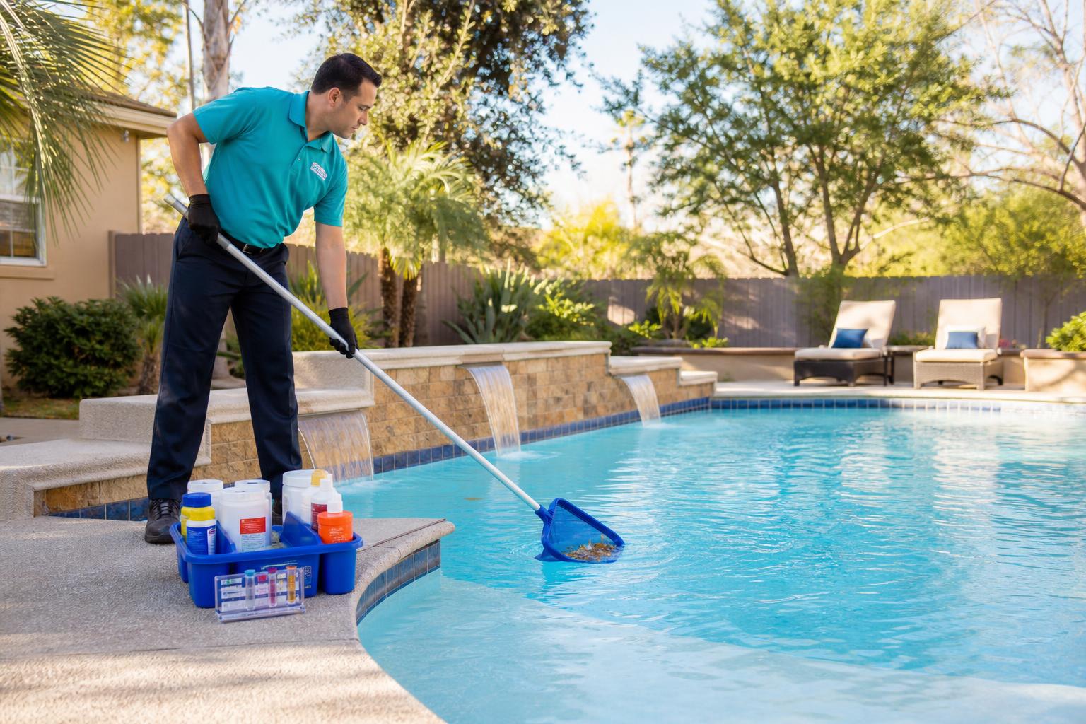 Technician cleaning a sparkling pool